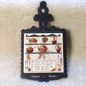 Vintage Cast Iron Trivet With Ceramic Tile Speach Print Pans Nostalgic Home